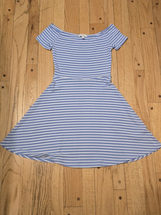 love, Fire Dresses & Skirts - Love, Fire Blue White Striped Off The Shoulder Ribbed Mini Flare Dress Size S
